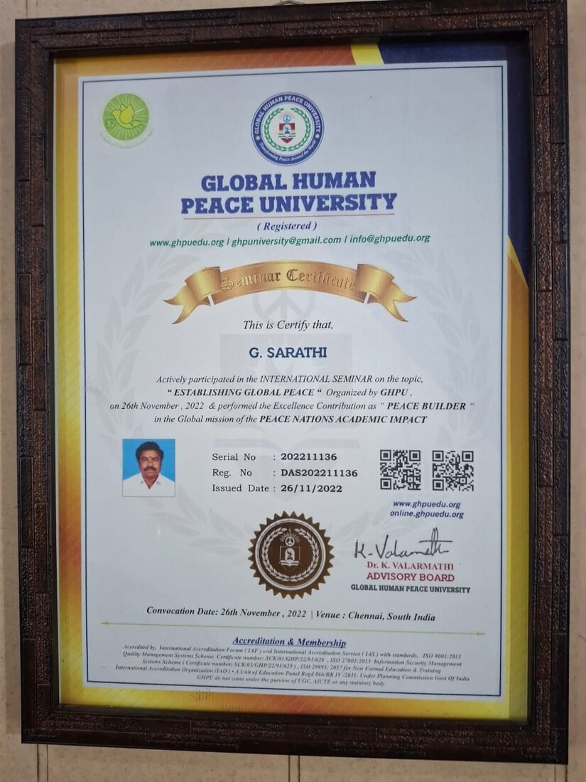 International Seminar 'Peace Builder' Certificate โ Global Human Peace University (26.11.2022)
